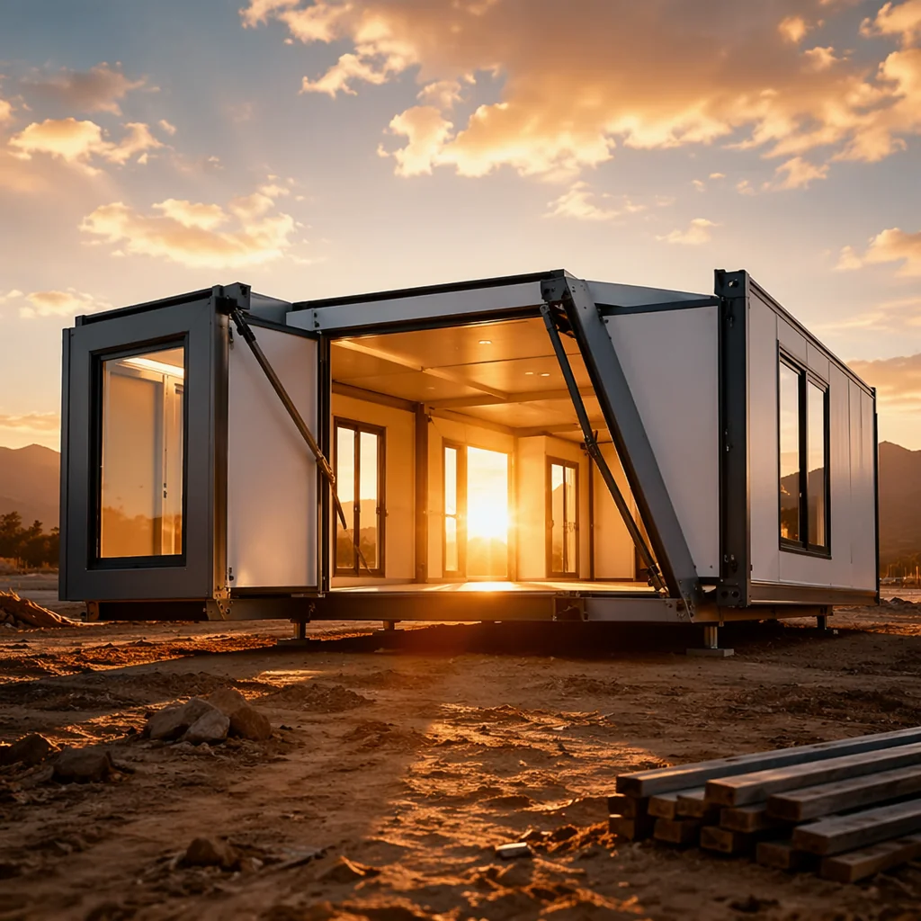 Container home deploying at sunrise — the transformation moment