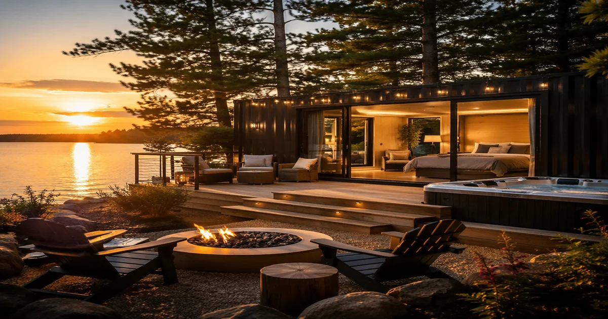 Luxury glamping container home overlooking lake