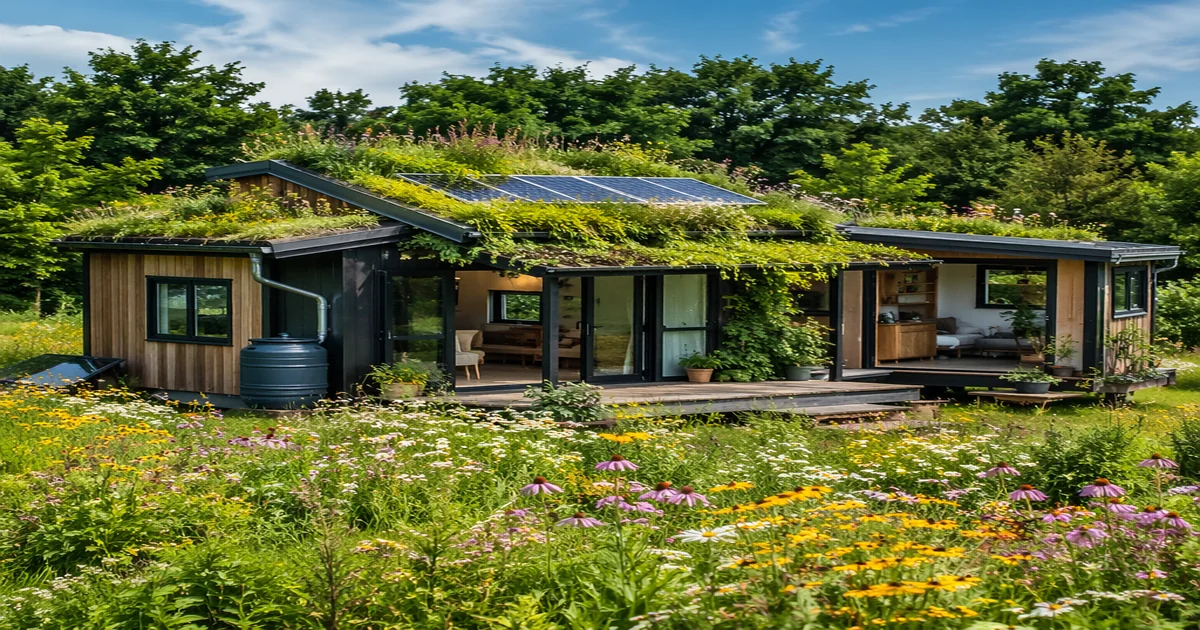 Sustainable container home with green roof and solar panels