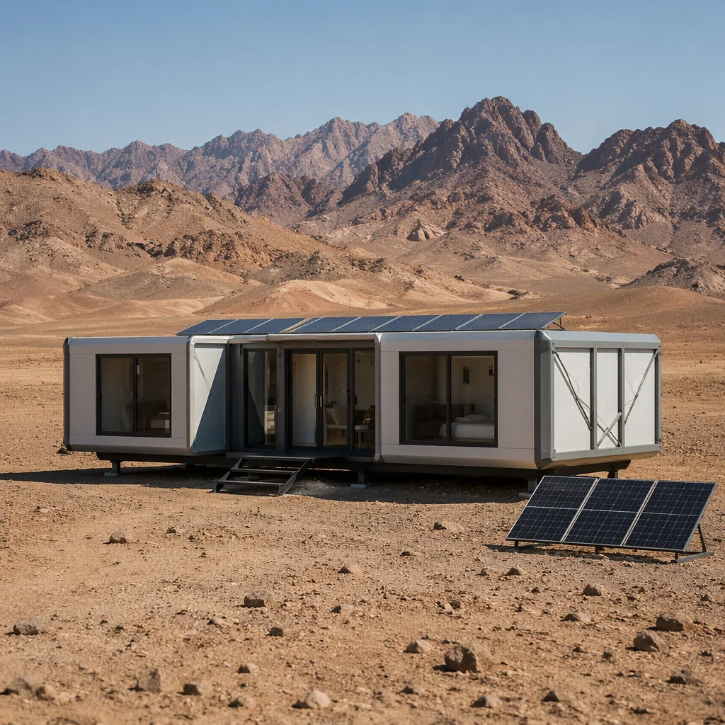 Container home in desert with solar panels