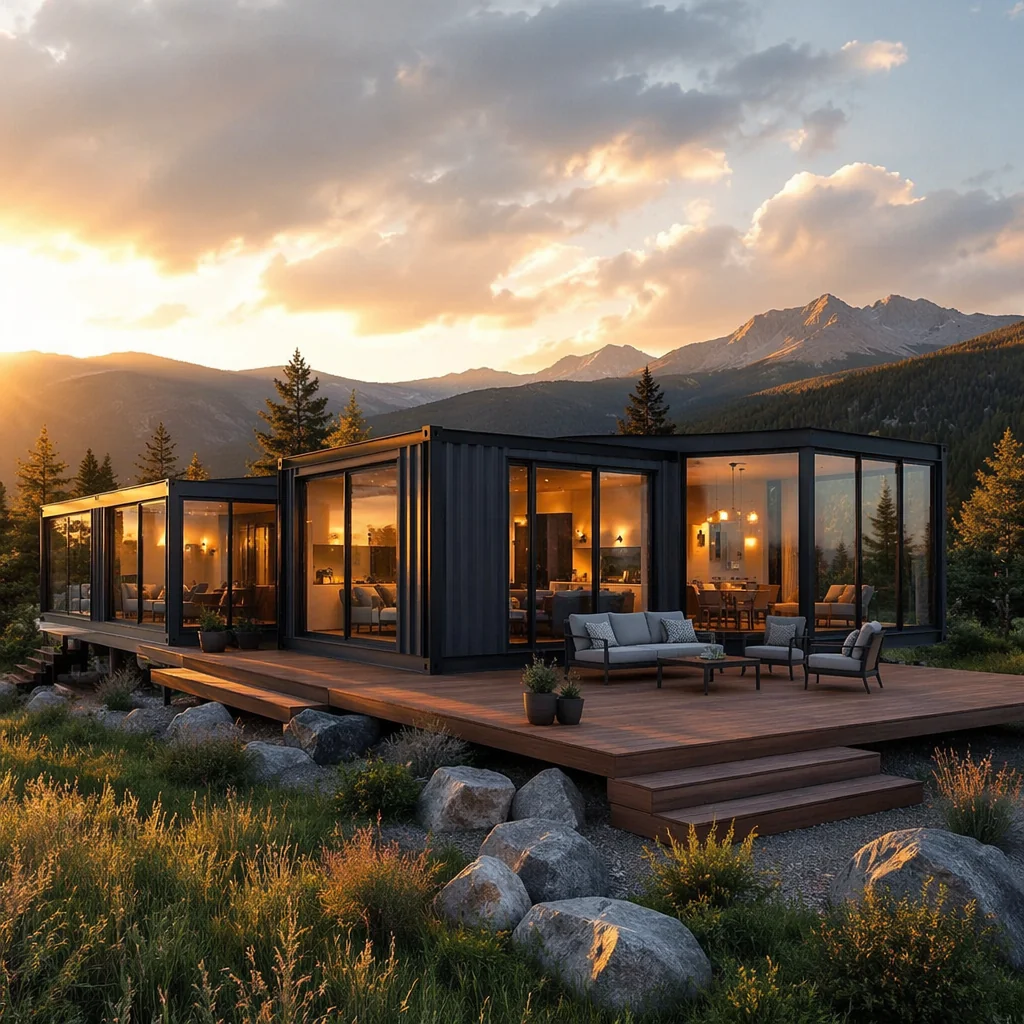 Expandable container home deployed in a mountain landscape