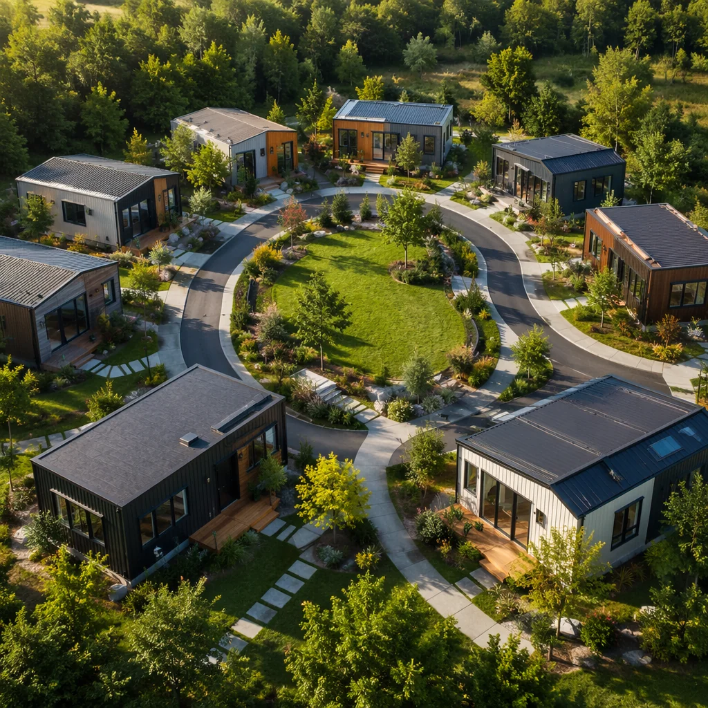 Community of expandable container homes with shared green space