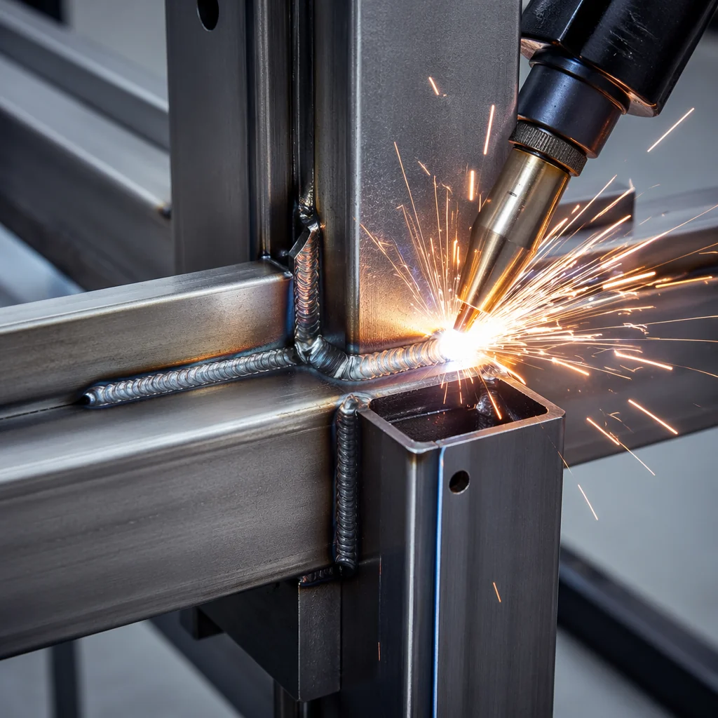 Robotic welding cell performing precision structural welds on container frame